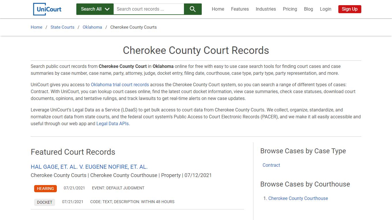 Cherokee County Court Records | Oklahoma | UniCourt